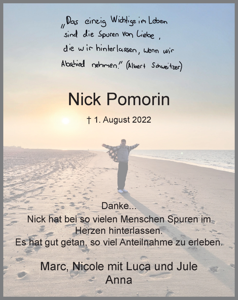  Traueranzeige für Nick Pomorin vom 14.09.2022 aus Tageszeitung