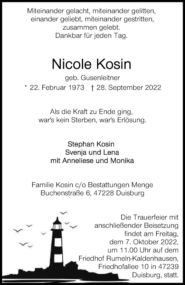  Traueranzeige für Nicole Kosin vom 01.10.2022 aus waz