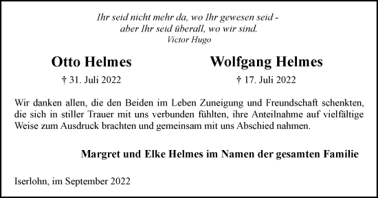 Traueranzeige von Otto und Wolfgang Helmes von waz
