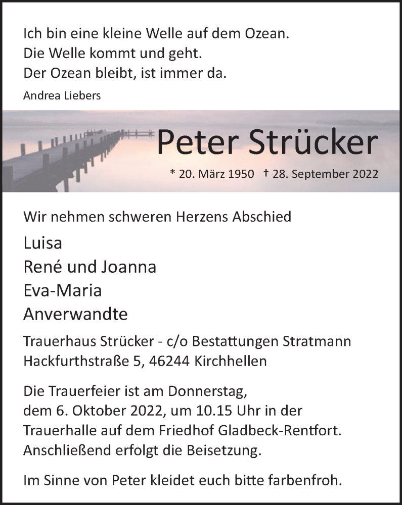  Traueranzeige für Peter Strücker vom 01.10.2022 aus waz