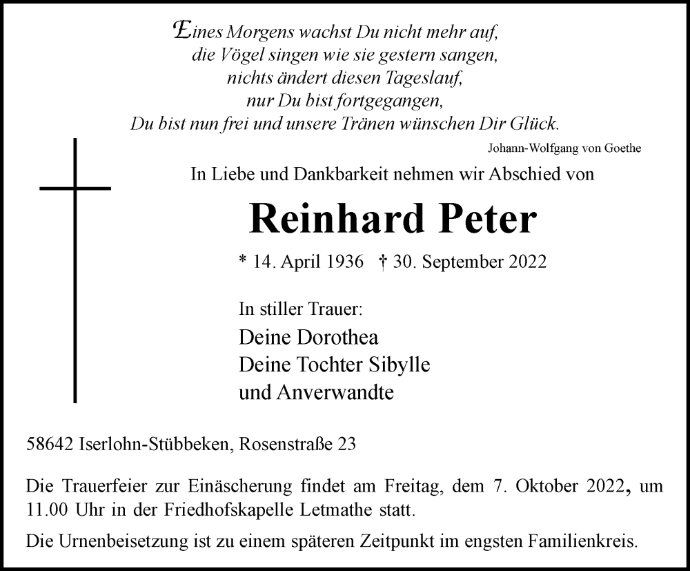  Traueranzeige für Reinhard Peter vom 01.10.2022 aus waz