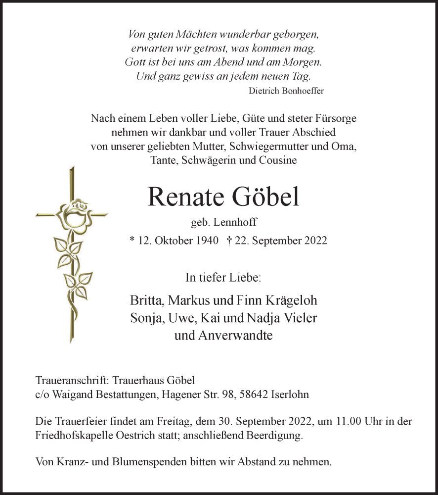  Traueranzeige für Renate Göbel vom 24.09.2022 aus waz