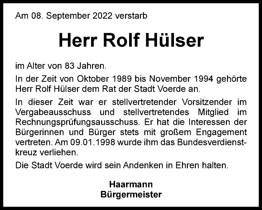  Traueranzeige für Rolf Hülser vom 23.09.2022 aus waz