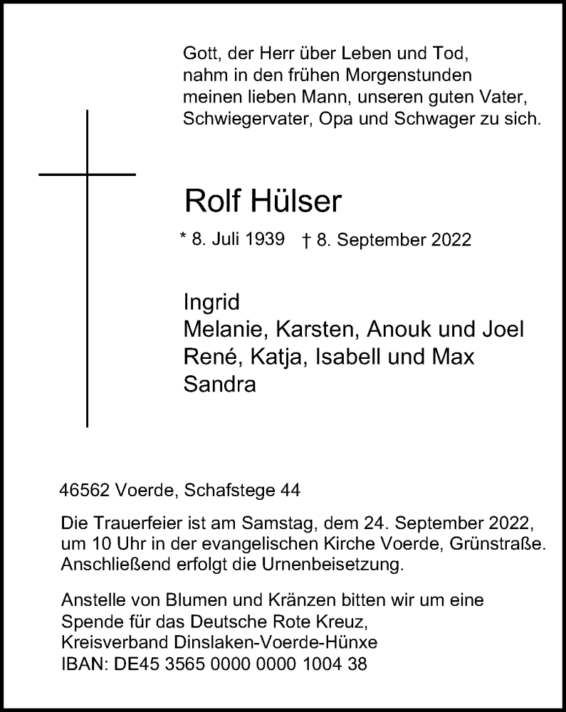  Traueranzeige für Rolf Hülser vom 20.09.2022 aus waz