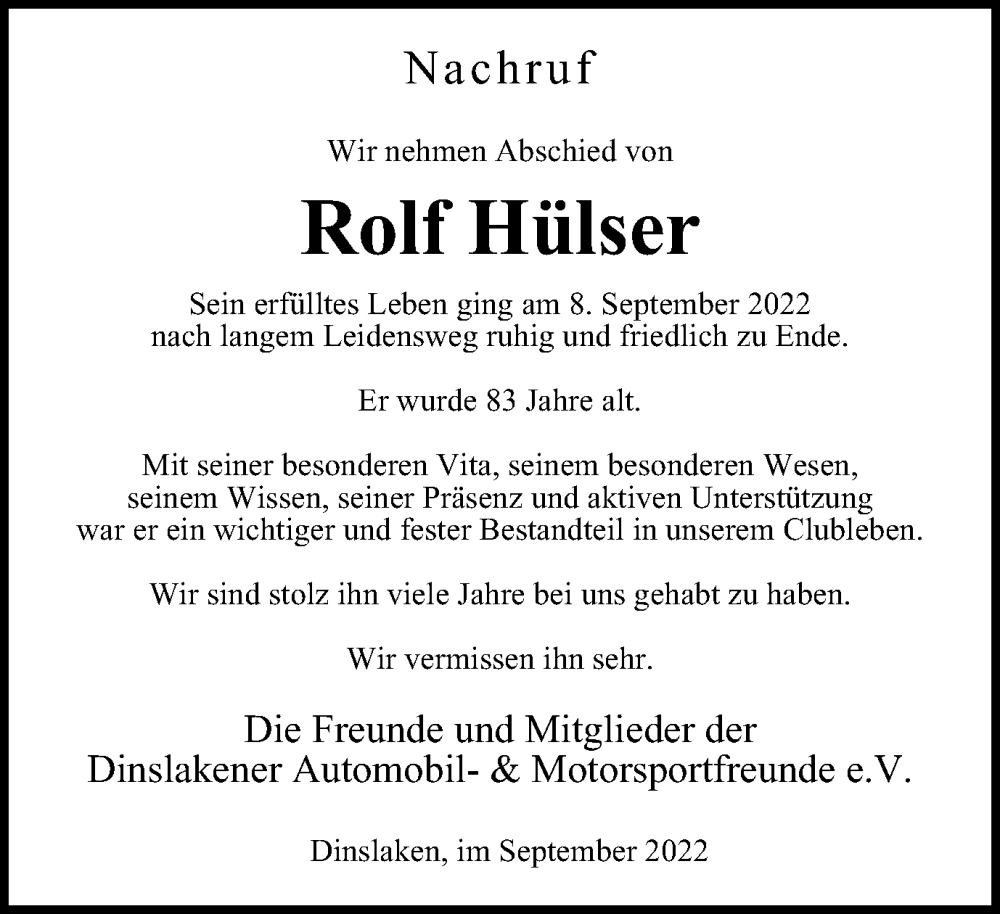  Traueranzeige für Rolf Hülser vom 24.09.2022 aus waz