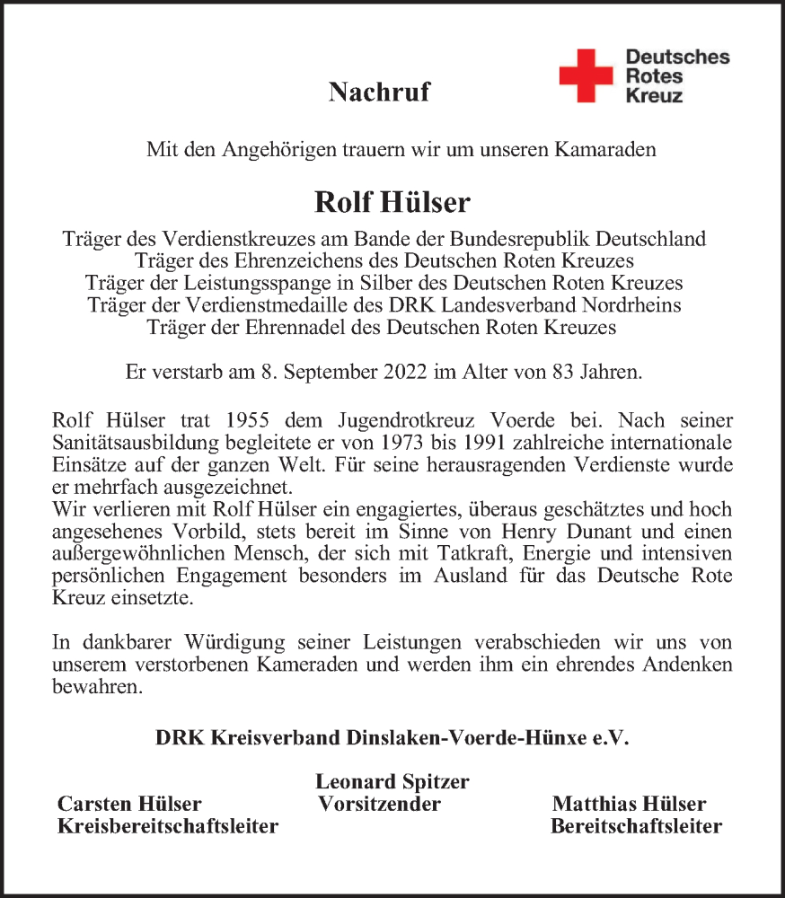  Traueranzeige für Rolf Hülser vom 24.09.2022 aus waz