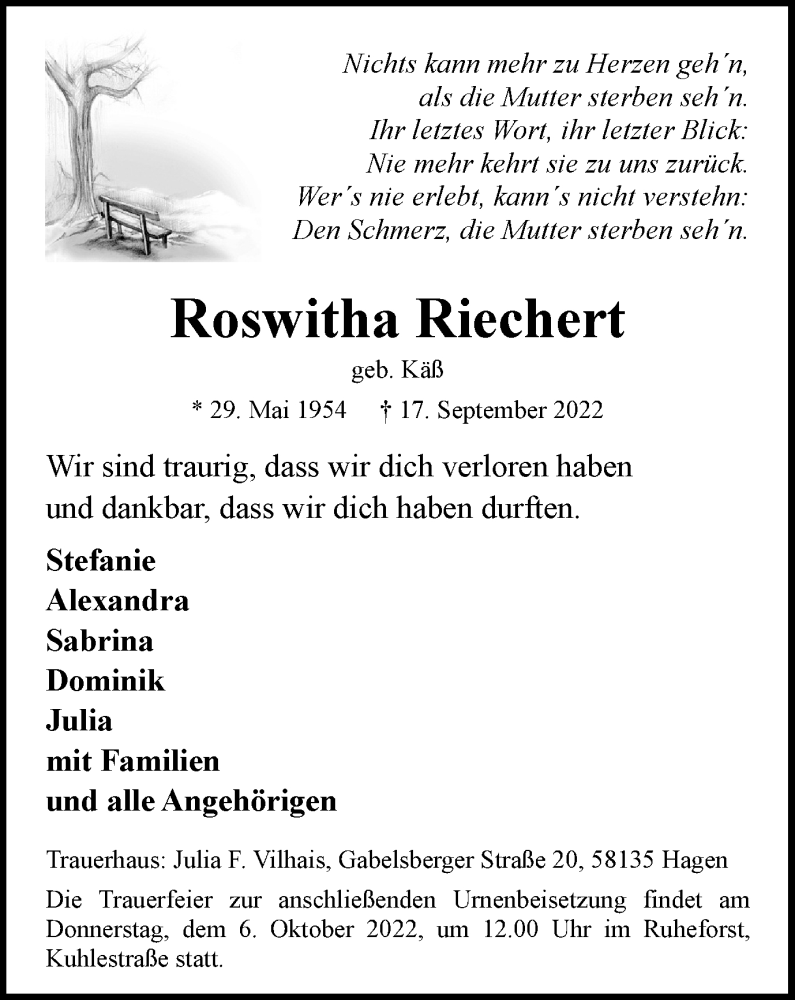  Traueranzeige für Roswitha Riechert vom 24.09.2022 aus Tageszeitung