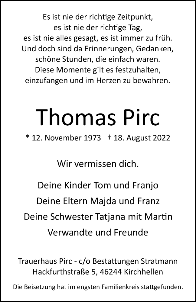  Traueranzeige für Thomas Pirc vom 03.09.2022 aus Tageszeitung