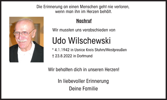 Traueranzeige von Udo Wilschewski von waz