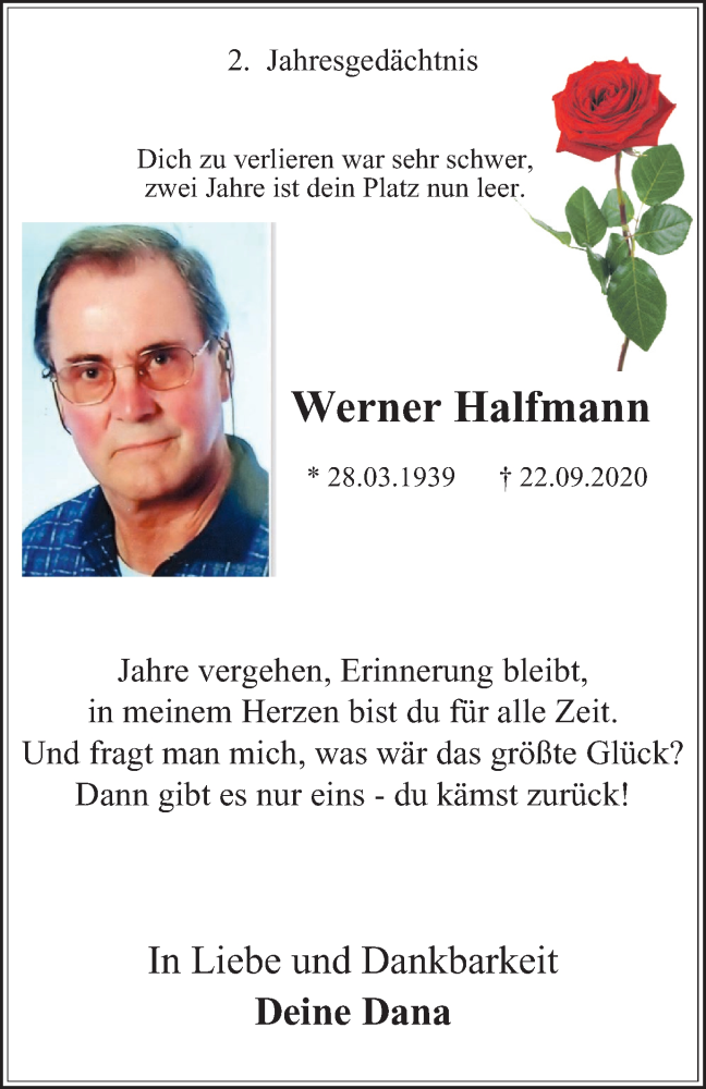  Traueranzeige für Werner Halfmann vom 22.09.2022 aus waz