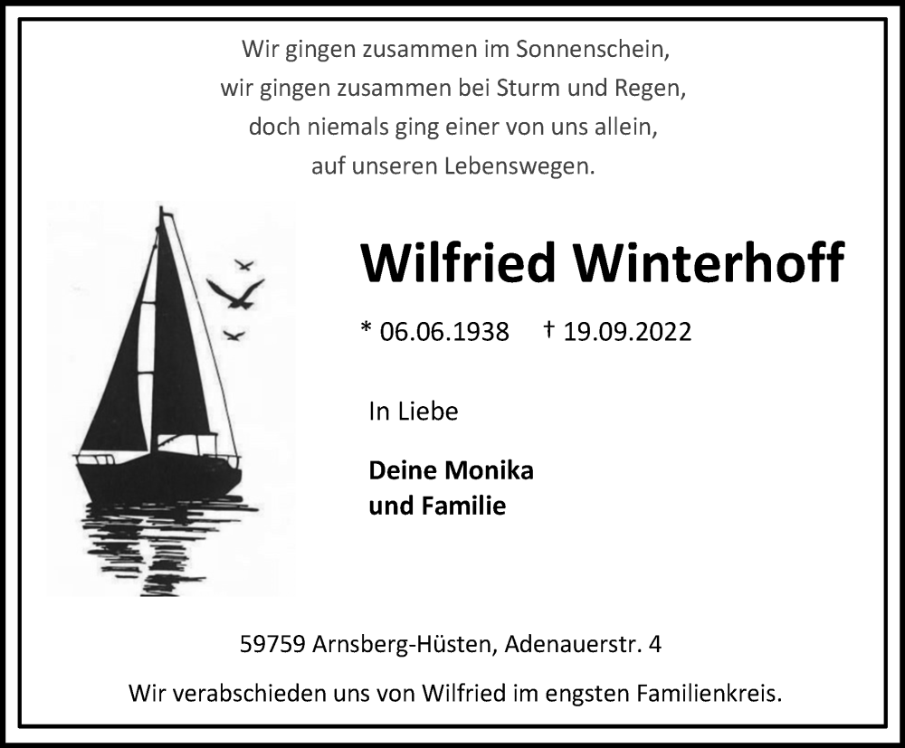  Traueranzeige für Wilfried Winterhoff vom 22.09.2022 aus waz